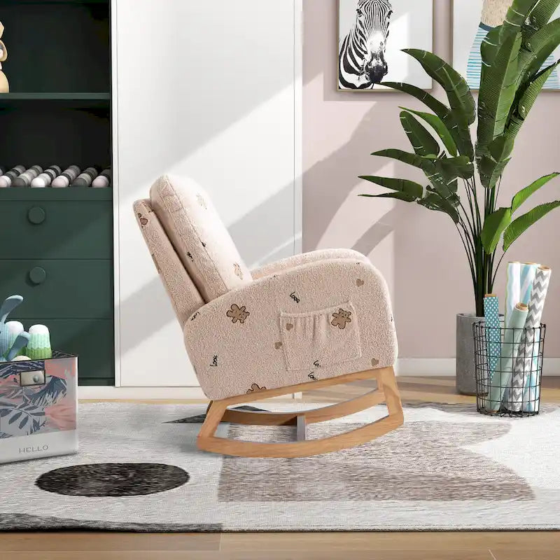 Fauteuil à bascule rembourré avec pochette latérale et dossier haut