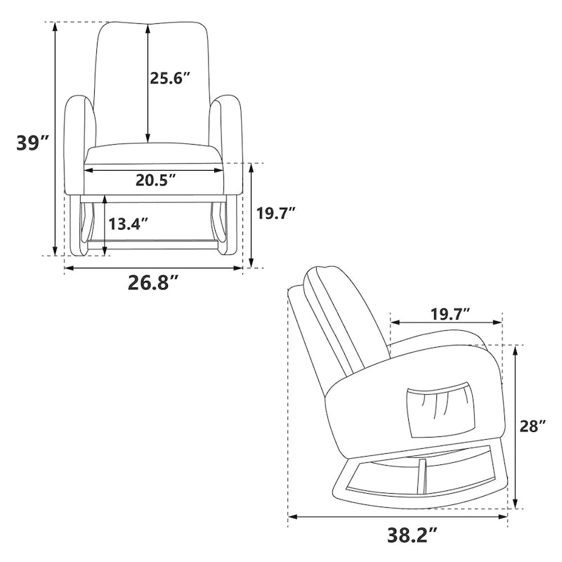 Fauteuil à bascule rembourré avec pochette latérale et dossier haut