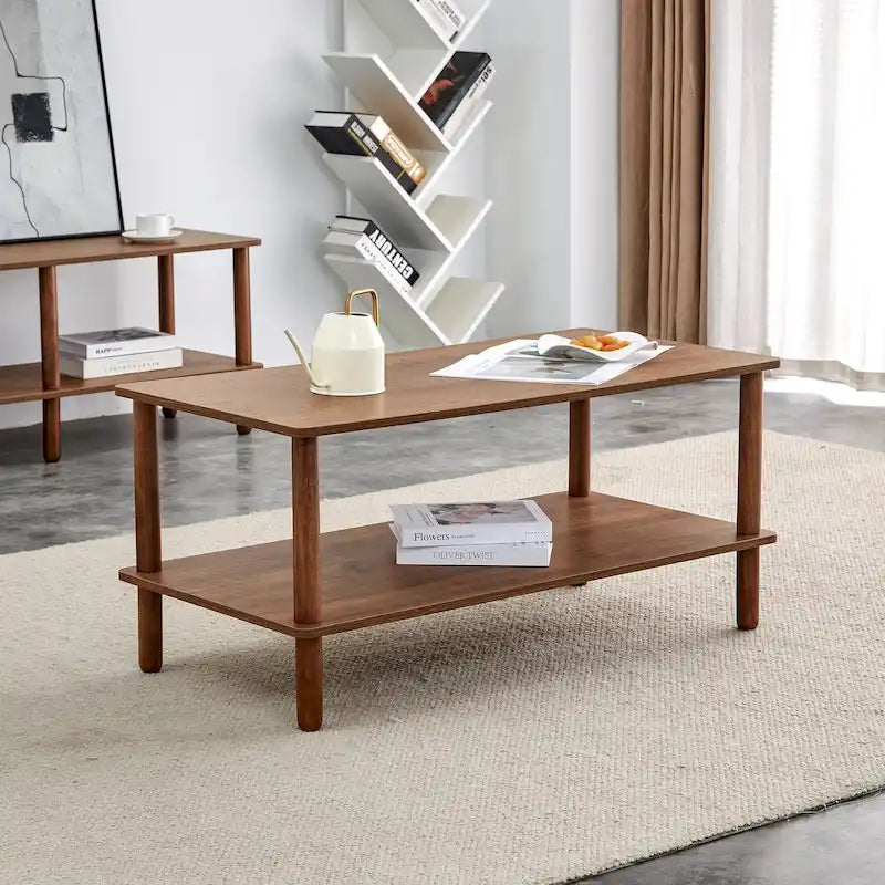 Table basse rectangulaire à 2 niveaux avec étagère de rangement ouverte