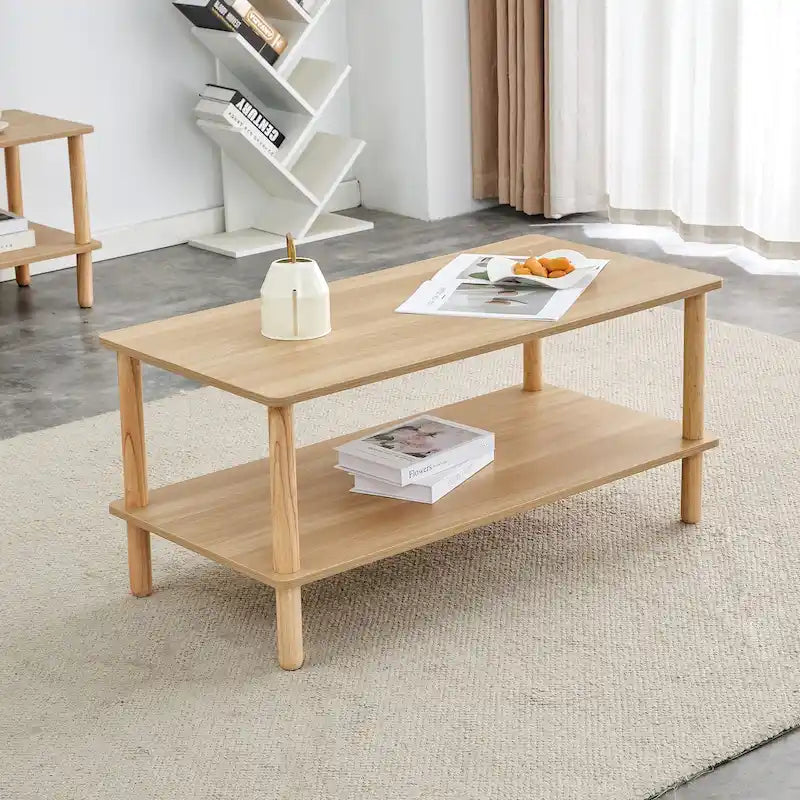 Table basse rectangulaire à 2 niveaux avec étagère de rangement ouverte