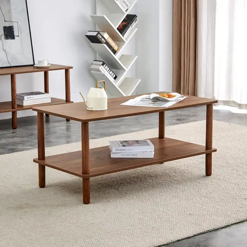 Table basse rectangulaire à 2 niveaux avec étagère de rangement ouverte