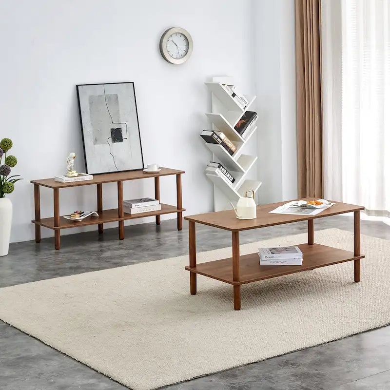 Table basse rectangulaire à 2 niveaux avec étagère de rangement ouverte