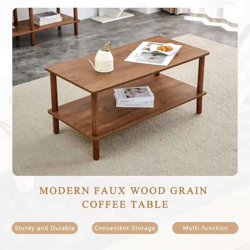 Table basse rectangulaire à 2 niveaux avec étagère de rangement ouverte