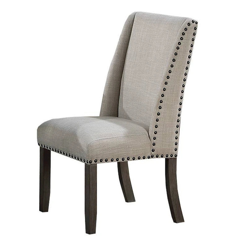 Lot de 2 chaises de salle à manger à dossier aile, cadre en bois de chêne marron, tissu beige, bordure cloutée en bronze