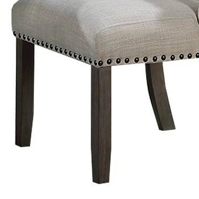 Lot de 2 chaises de salle à manger à dossier aile, cadre en bois de chêne marron, tissu beige, bordure cloutée en bronze