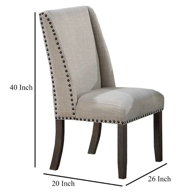 Lot de 2 chaises de salle à manger à dossier aile, cadre en bois de chêne marron, tissu beige, bordure cloutée en bronze