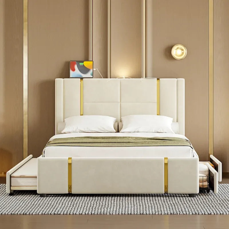Lit plateforme Queen avec tiroirs de rangement, port USB et veilleuse