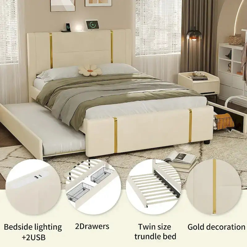 Lit plateforme Queen avec tiroirs de rangement, port USB et veilleuse
