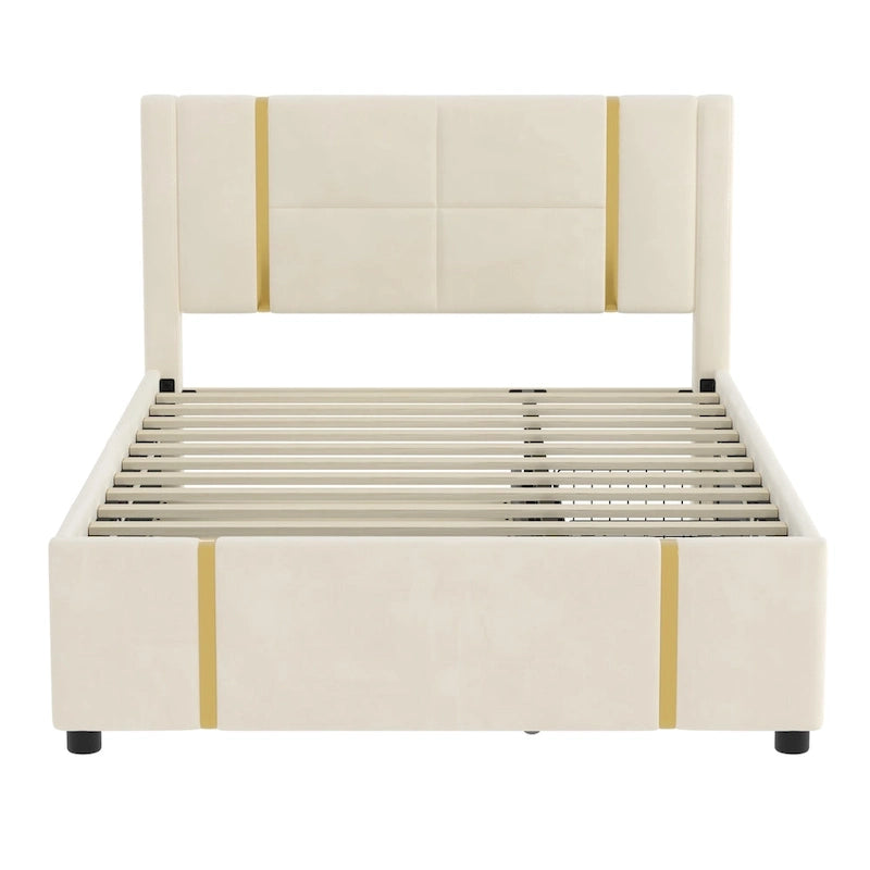 Lit plateforme Queen avec tiroirs de rangement, port USB et veilleuse