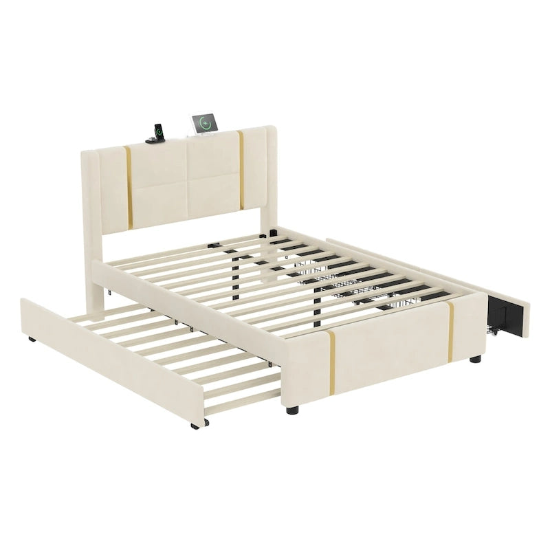 Lit plateforme Queen avec tiroirs de rangement, port USB et veilleuse
