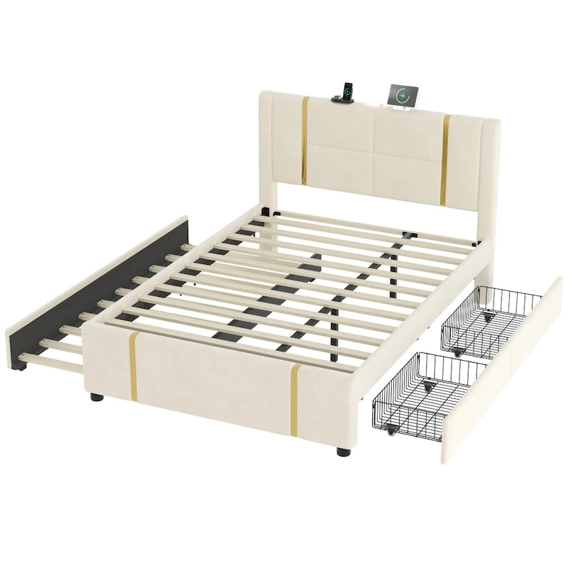 Lit plateforme Queen avec tiroirs de rangement, port USB et veilleuse