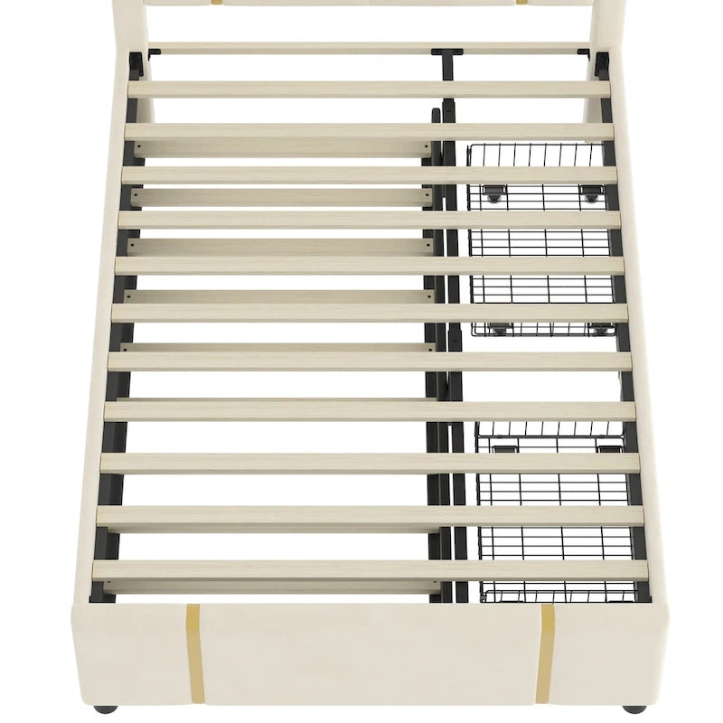 Lit plateforme Queen avec tiroirs de rangement, port USB et veilleuse