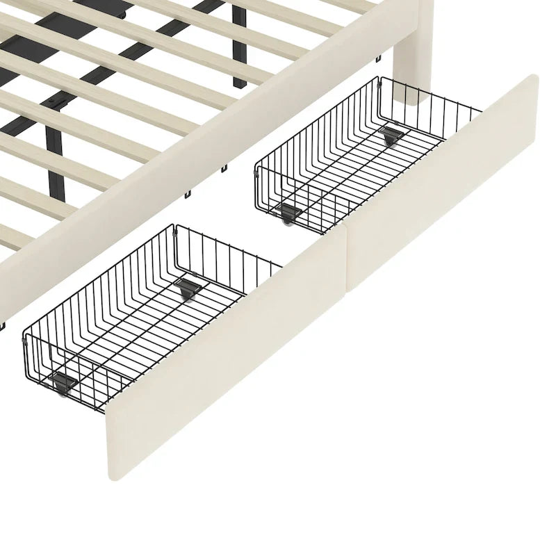 Lit plateforme Queen avec tiroirs de rangement, port USB et veilleuse