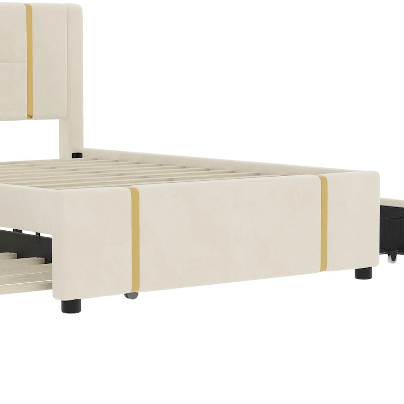 Lit plateforme Queen avec tiroirs de rangement, port USB et veilleuse