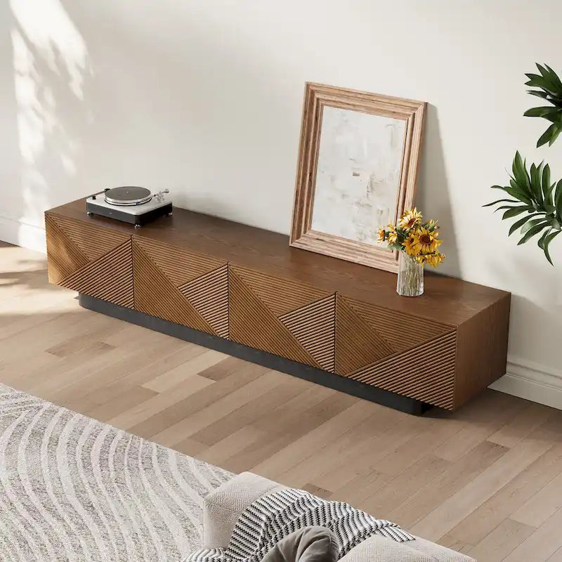 Meuble TV moderne du milieu du siècle de 199,9 cm avec placage en bois massif et 4 portes d'armoire