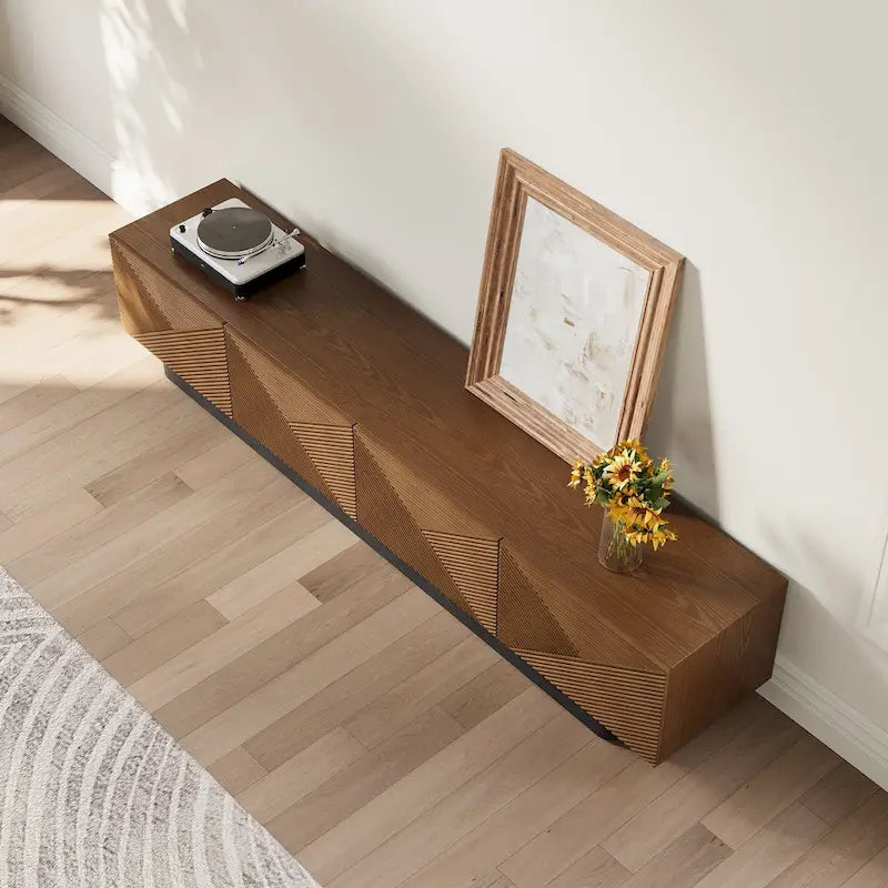 Meuble TV moderne du milieu du siècle de 199,9 cm avec placage en bois massif et 4 portes d'armoire