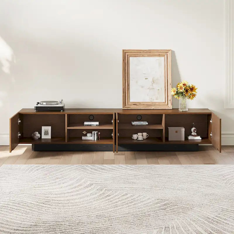 Meuble TV moderne du milieu du siècle de 199,9 cm avec placage en bois massif et 4 portes d'armoire