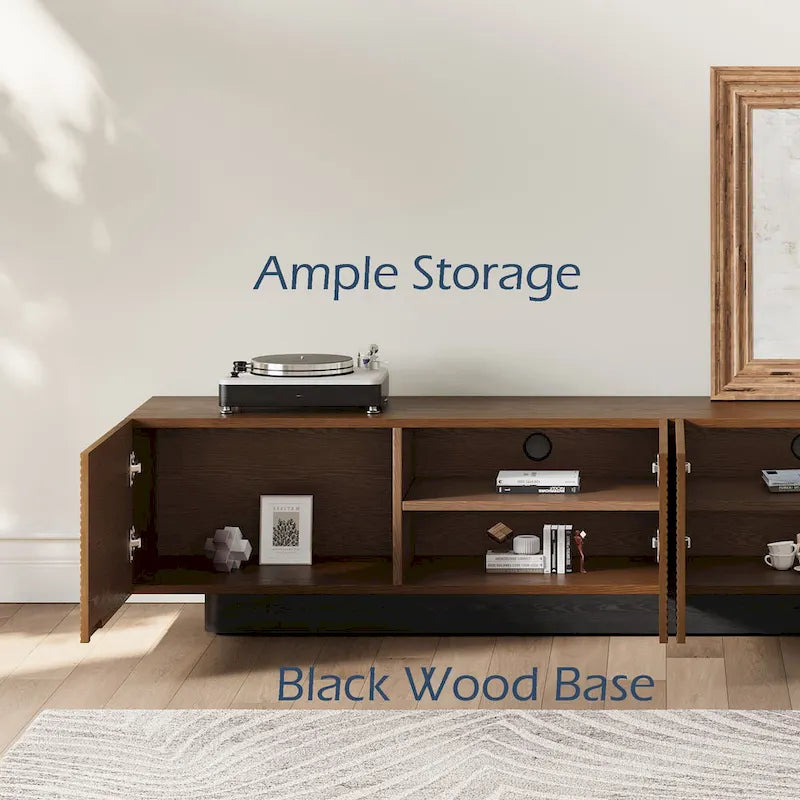 Meuble TV moderne du milieu du siècle de 199,9 cm avec placage en bois massif et 4 portes d'armoire