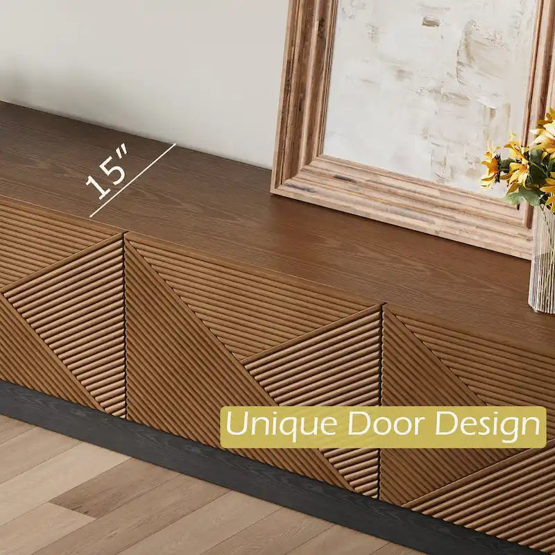 Meuble TV moderne du milieu du siècle de 199,9 cm avec placage en bois massif et 4 portes d'armoire