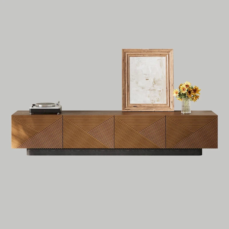 Meuble TV moderne du milieu du siècle de 199,9 cm avec placage en bois massif et 4 portes d'armoire