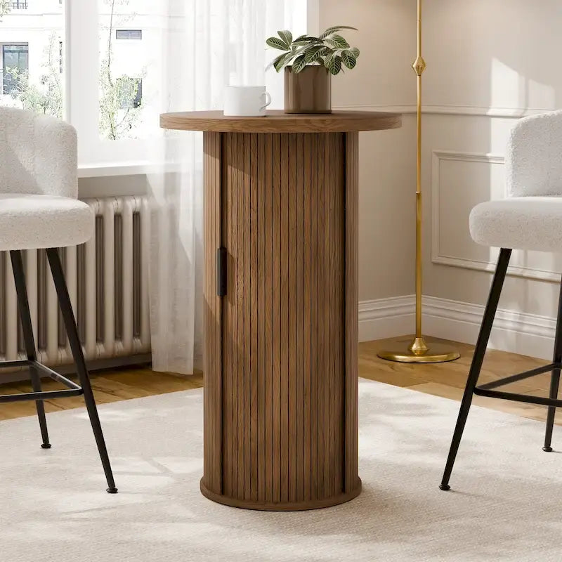 Table de bar ronde avec porte coulissante à tambour et étagère de rangement à trois niveaux, hauteur 91,4 cm