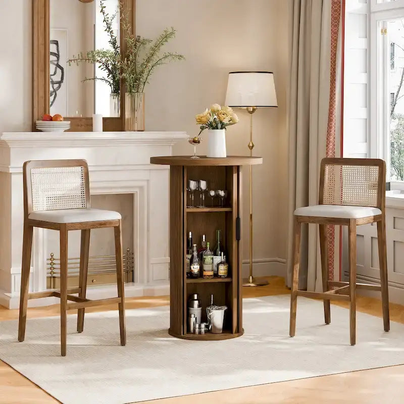 Table de bar ronde avec porte coulissante à tambour et étagère de rangement à trois niveaux, hauteur 91,4 cm