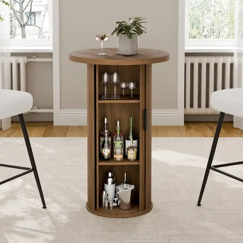 Table de bar ronde avec porte coulissante à tambour et étagère de rangement à trois niveaux, hauteur 91,4 cm
