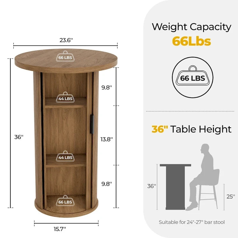 Table de bar ronde avec porte coulissante à tambour et étagère de rangement à trois niveaux, hauteur 91,4 cm