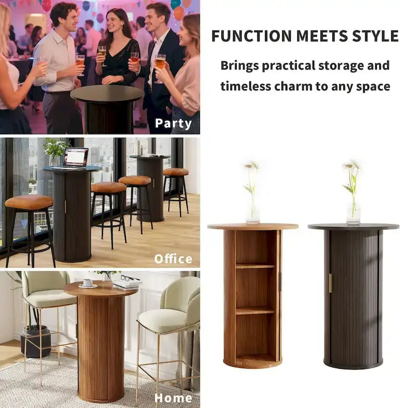 Table de bar ronde avec porte coulissante à tambour et étagère de rangement à trois niveaux, hauteur 91,4 cm
