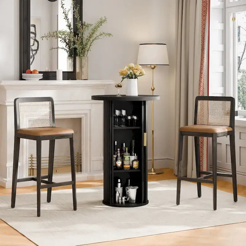 Table de bar ronde avec porte coulissante à tambour et étagère de rangement à trois niveaux, hauteur 91,4 cm
