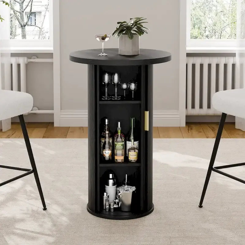 Table de bar ronde avec porte coulissante à tambour et étagère de rangement à trois niveaux, hauteur 91,4 cm