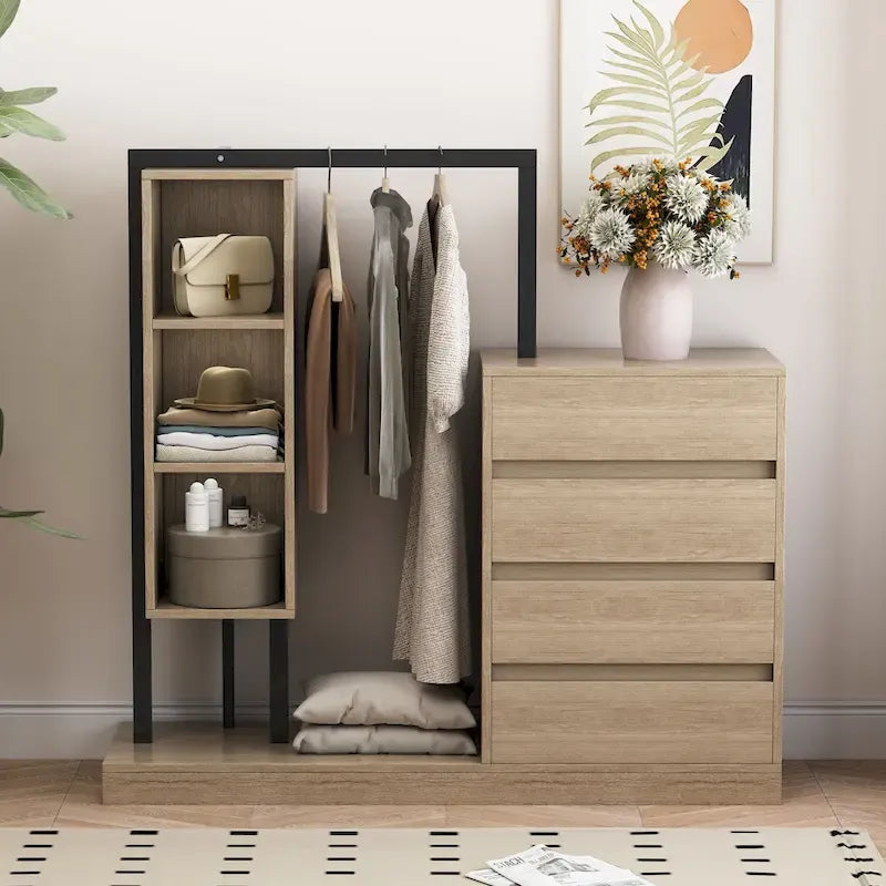 Armoire autonome avec 4 tiroirs, 3 étagères et une tringle de suspension