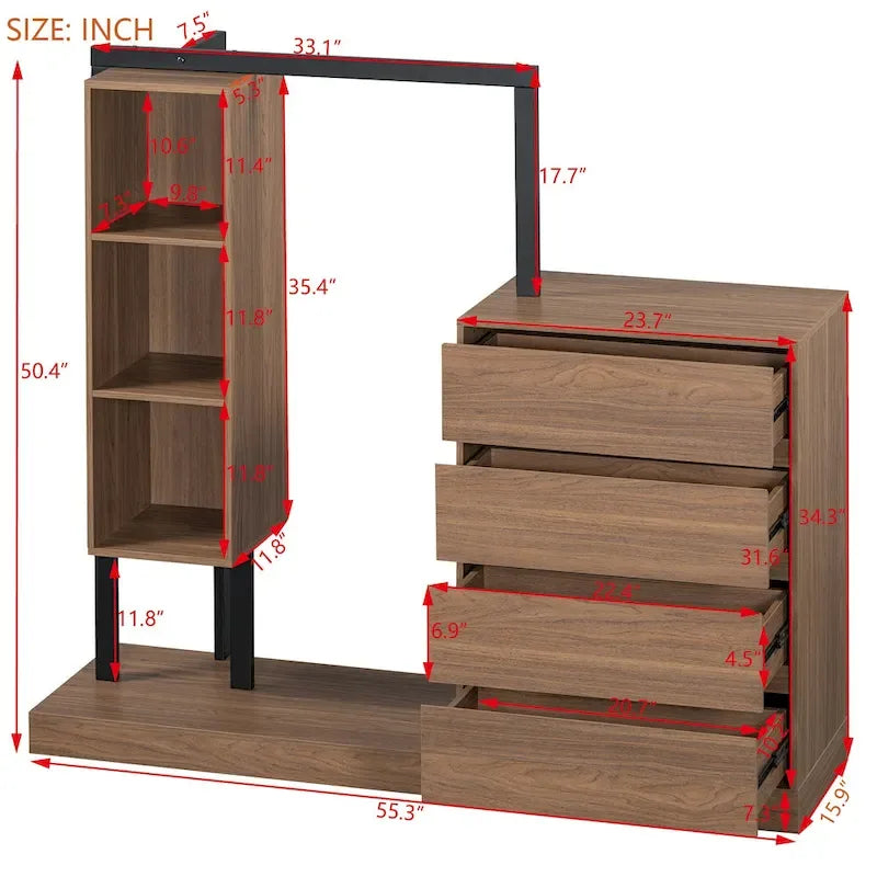 Armoire autonome avec 4 tiroirs, 3 étagères et une tringle de suspension