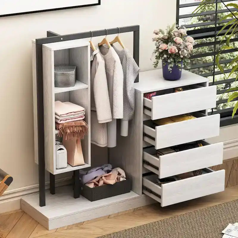 Armoire autonome avec 4 tiroirs, 3 étagères et une tringle de suspension