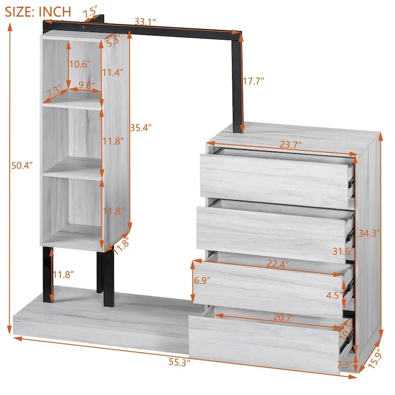 Armoire autonome avec 4 tiroirs, 3 étagères et une tringle de suspension