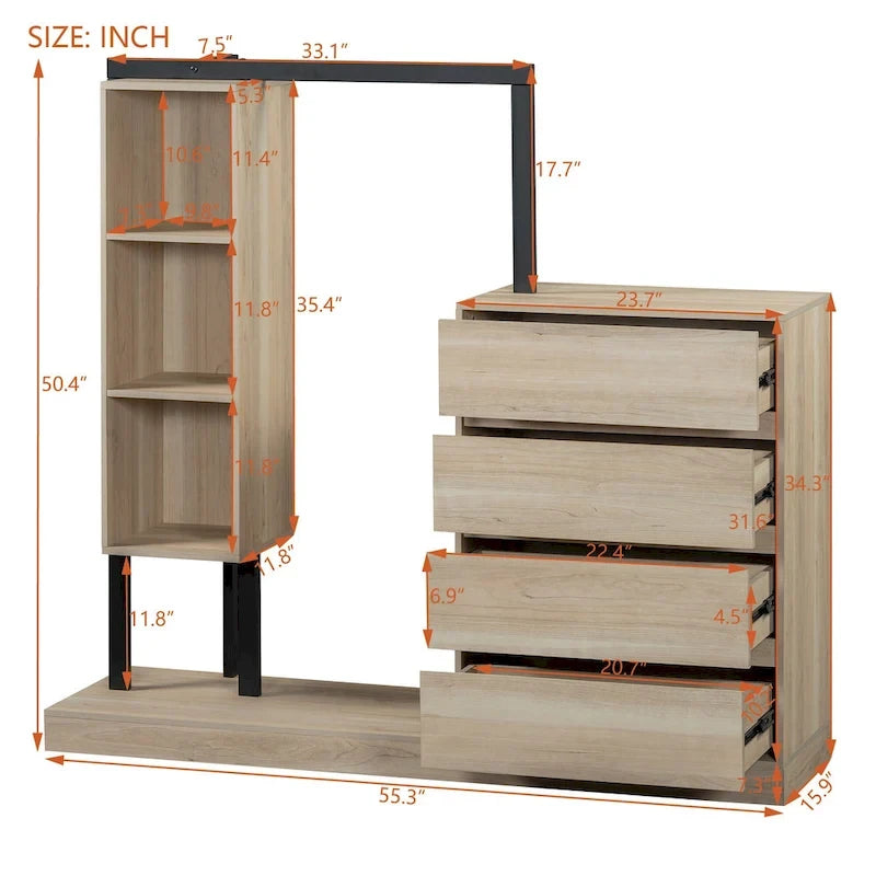Armoire autonome avec 4 tiroirs, 3 étagères et une tringle de suspension