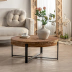 Table basse ronde avec plateau en bois et pieds croisés en métal