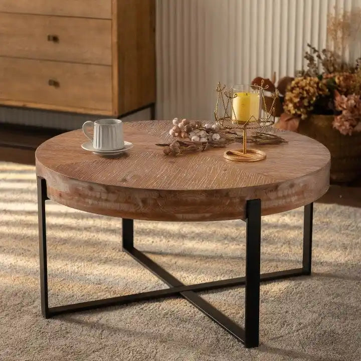 Table basse ronde avec plateau en bois et pieds croisés en métal