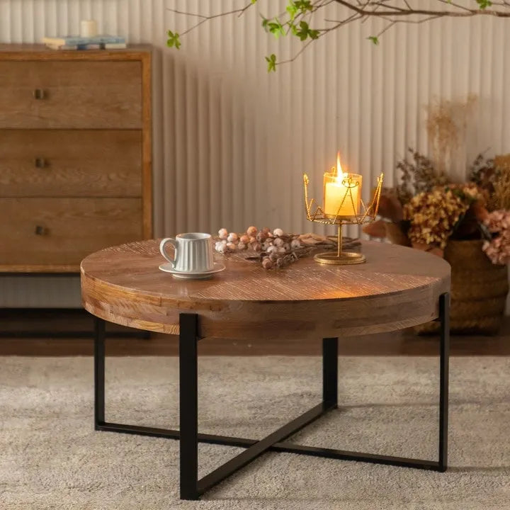 Table basse ronde avec plateau en bois et pieds croisés en métal