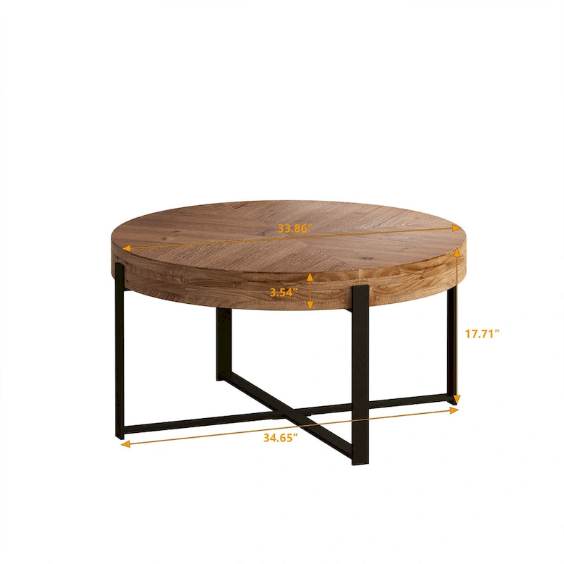 Table basse ronde avec plateau en bois et pieds croisés en métal