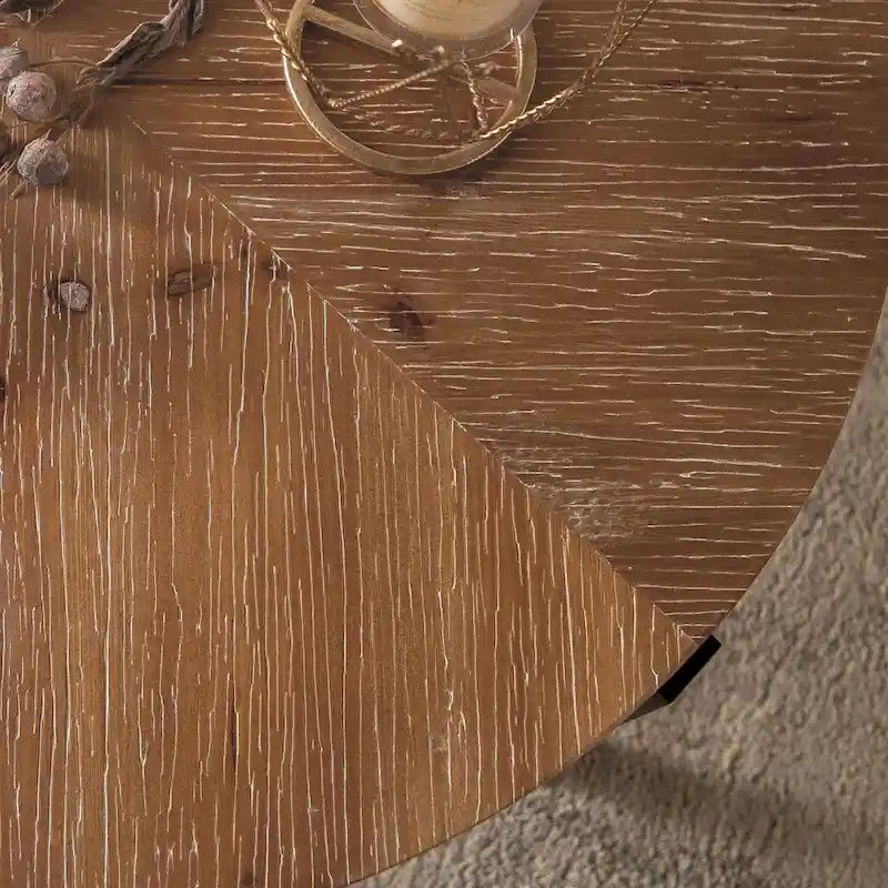 Table basse ronde avec plateau en bois et pieds croisés en métal