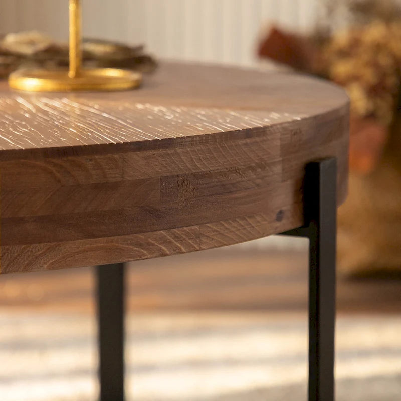 Table basse ronde avec plateau en bois et pieds croisés en métal