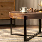 Table basse ronde avec plateau en bois et pieds croisés en métal