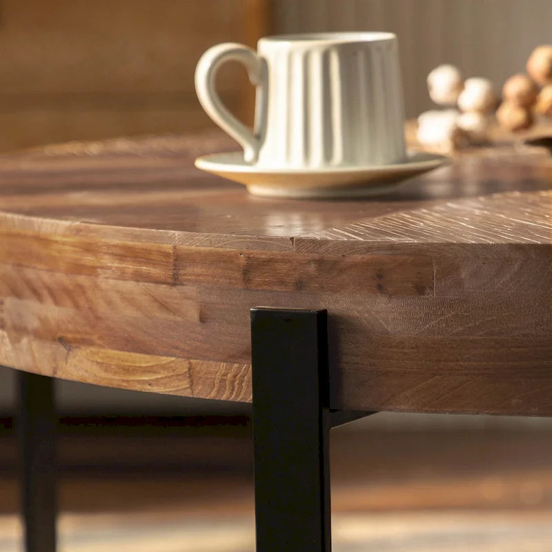 Table basse ronde avec plateau en bois et pieds croisés en métal