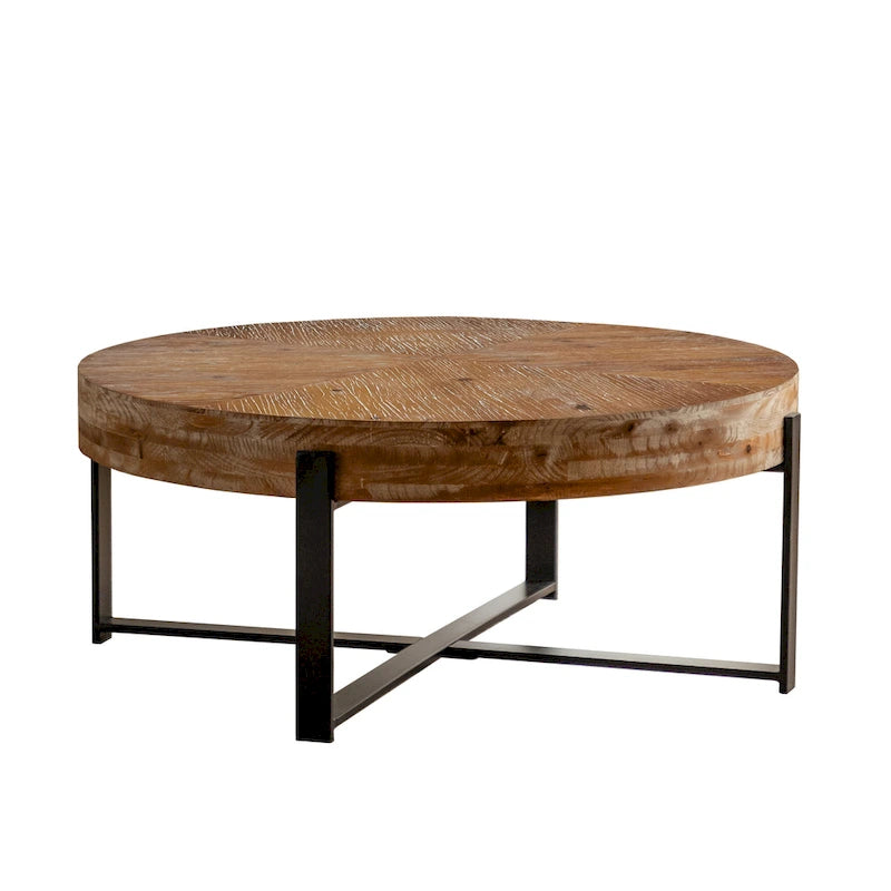 Table basse ronde avec plateau en bois et pieds croisés en métal