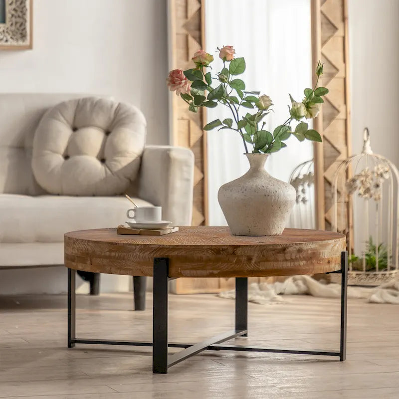 Table basse ronde avec plateau en bois et pieds croisés en métal