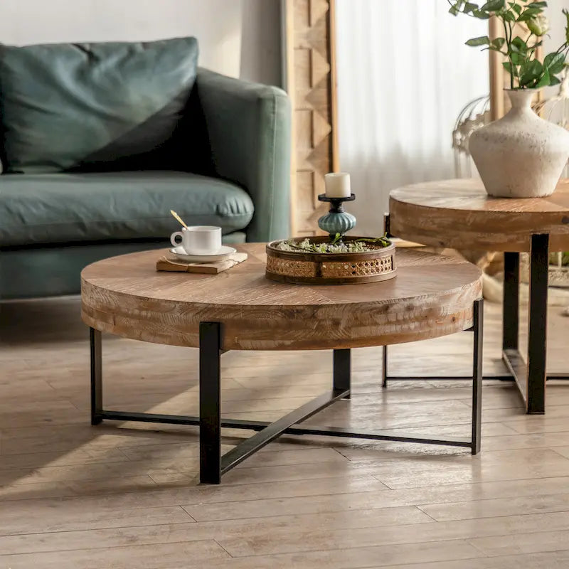 Table basse ronde avec plateau en bois et pieds croisés en métal