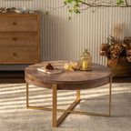 Table basse ronde avec plateau en bois et pieds croisés en métal