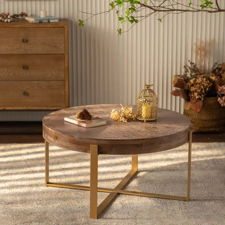 Table basse ronde avec plateau en bois et pieds croisés en métal