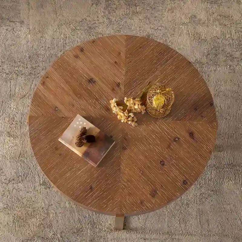 Table basse ronde avec plateau en bois et pieds croisés en métal